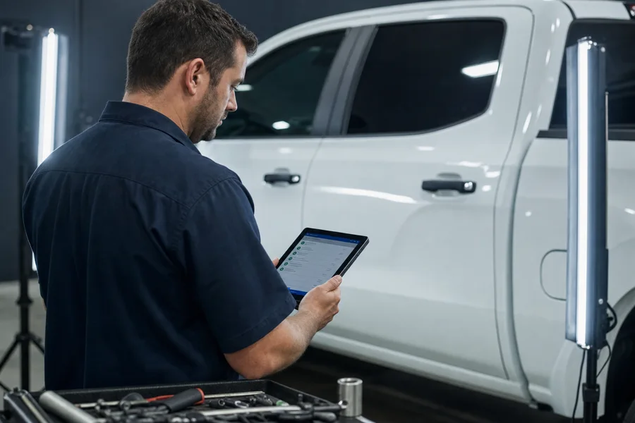 Technician updating job status on a tablet beside a truck