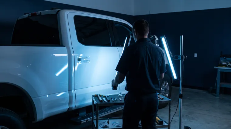 Technician working on a vehicle panel in a PDR shop
